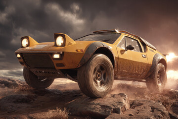 Lifted yellow off-road car on rocky terrain, cloudy sky
