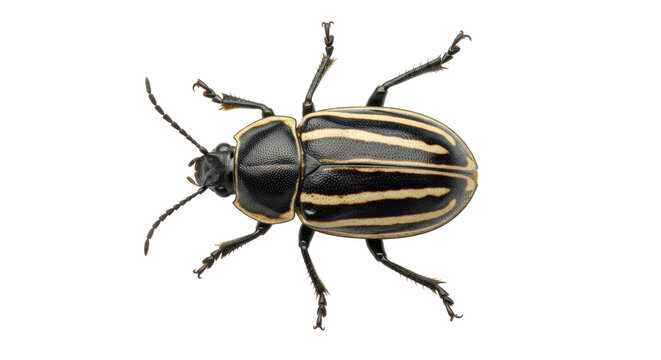 Isolated Colorado potato beetle closeup showing its black and tan stripes on a light backdrop