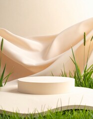 Minimalist podium display with natural grass and soft fabric backdrop, Serene pastel platform for product presentation amidst lush green flora