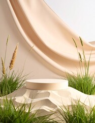 Minimalist Product Display with Neutral Backdrop and Natural Grass Accents, Sand Dunes and Light Fabric Drape Creating a Serene Display Setting