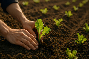 Hands planting fresh salad greens in a lush green rice field