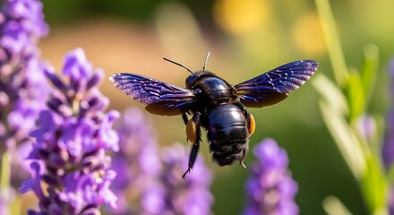 Carpenter Bee in Flight - A Close-Up with Lavender Flowers.