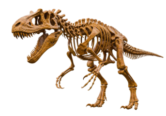 Majungasaurus dinosaur skeleton isolated on transparent PNG, prehistoric predator fossil for paleontology and educational resources