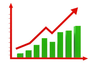 Green bar chart with red upward trend line isolated on transparent background