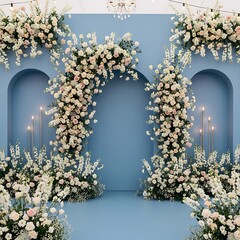 Elegant Wedding Backdrop with Floral Arch and Soft Blue Hues.