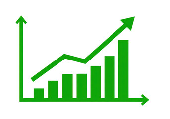 Green bar chart with upward trend line isolated on transparent background