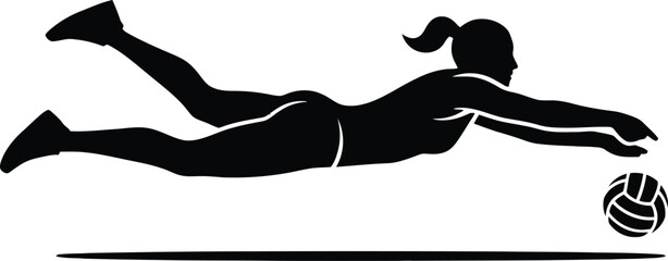 Silhouette of a female volleyball player diving for a ball