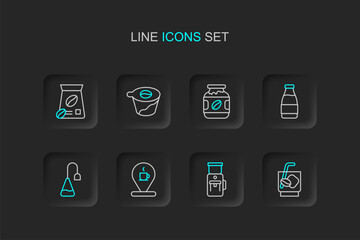 Set line Espresso tonic coffee, Electric grinder, Location with cup, Tea bag, Milk bottle, Coffee jar, Pour over maker and Bag beans icon. Vector