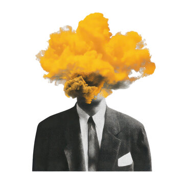 Conceptual image of a man in a suit with his head exploding into a vibrant yellow smoke cloud