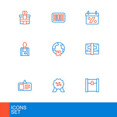 Set line Paper shopping bag, Discount percent tag, Identification badge, Stacks paper money cash, Seller, Worldwide shipping, and Barcode icon. Vector