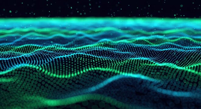 Abstract digital visualization of glowing blue and green waves with particles in a dark space