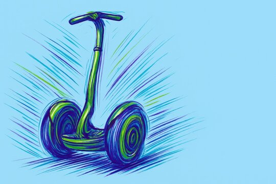 Vivid artistic illustration of a Segway scooter in dynamic motion, rendered in electric shades of green, blue, and purple. The energetic sketch lines express speed, innovation, and urban mobility agai