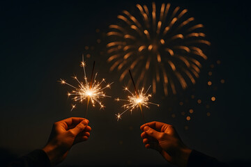 Hand holding sparklers against fireworks