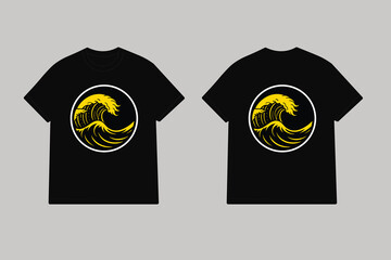 Black t shirt with yellow wave design ocean wave japanese style