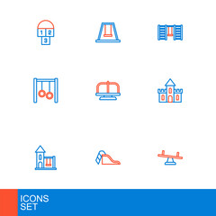 Set line Seesaw, Slide playground, Swing for kids, Sand castle, Gymnastic rings, Attraction carousel, Swedish wall and icon. Vector