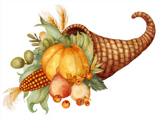 Elegant Watercolor Cornucopia Illustration for Harvest Celebration and Thanksgiving Themes