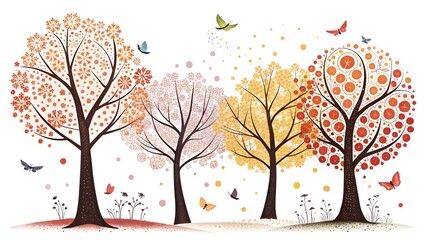 Fototapeta premium Seasons Dot Tree Abstract Banner with Roots Butterflies
