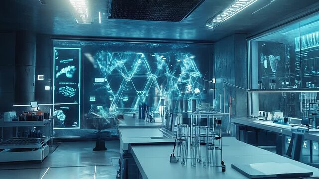 Futuristic laboratory showing biotechnology data and research