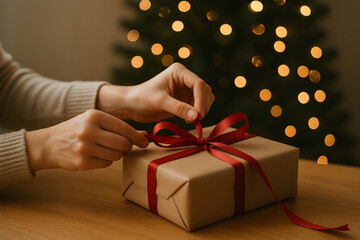 Festive Christmas scene with gift box wrapped in red ribbon,  pine branches, and red ornaments on a sparkling red surface