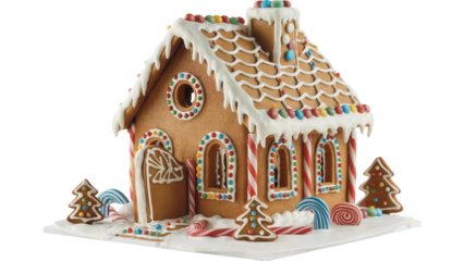Detailed christmas gingerbread house decorated with icing candy canes and snow isolated on transparent background
