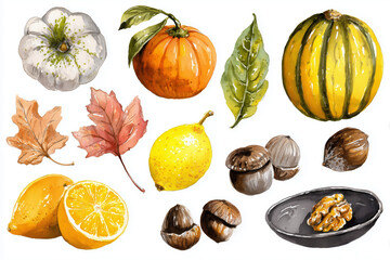 Seasonal Harvest Elements Featuring Watercolor Fruits, Vegetables, and Leaves for Design Projects