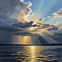 Sunlit Waters - A Serene Landscape Painting of Light and Clouds.