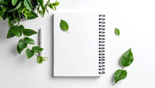 Blank Spiral Notebook with Green Leaves and Pen on White Background