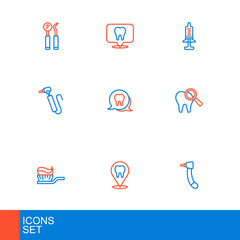 Set line Tooth drill, Dental clinic location, Toothbrush with toothpaste, Broken, Syringe and icon. Vector
