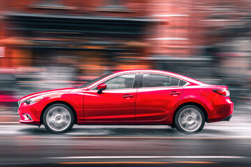 Red car speeds by blurred city street
