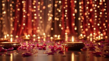 A vibrant Diwali floor setup with glowing diyas and twinkling string lights in the background for a festive atmosphere.