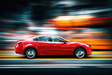 Red car speeding, motion blur background, side view