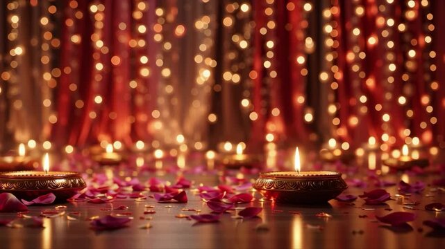 A vibrant Diwali floor setup with glowing diyas and twinkling string lights in the background for a festive atmosphere.
