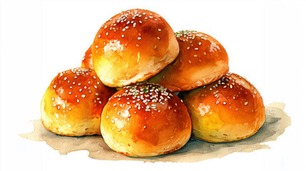 Watercolor Illustration of Freshly Baked Rolls in a Soft and Delicious Style