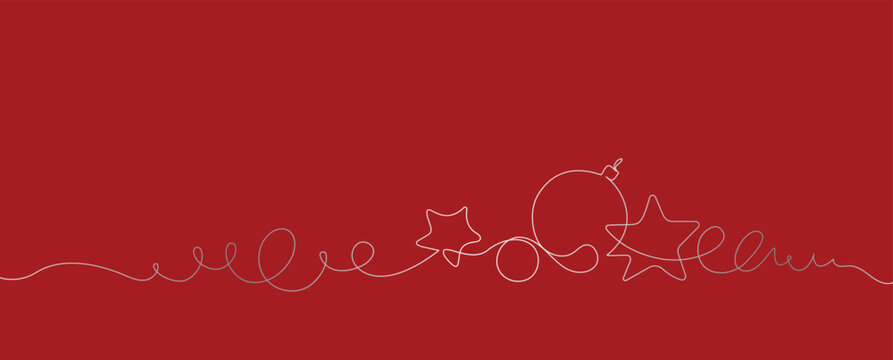 Merry Christmas decoration. Continuous one line drawing art. Holiday greeting card Christmas ball, stars and tinsel. Vector illustration