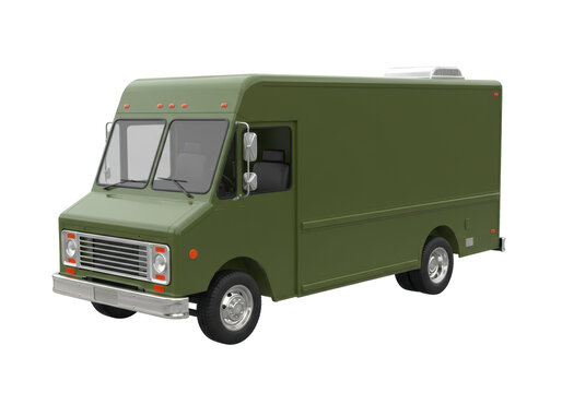 Olive green step van isolated on transparent background, delivery truck mockup for branding and advertising, commercial vehicle PNG