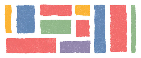 Colorful pastel rectangles and squares with rough crayon texture. Abstract sketchy doodle blocks, grunge vector elements. Hand drawn empty frames, creative playful background layout for text