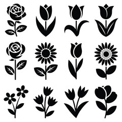 Set of 12 black and white floral silhouettes vector illustration for eps files silhouette