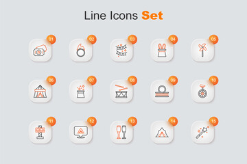 Set line Magic wand, Circus tent, Bowling pin, Attraction carousel, Unicycle, Roller coaster and Drum with drum sticks icon. Vector © Iryna