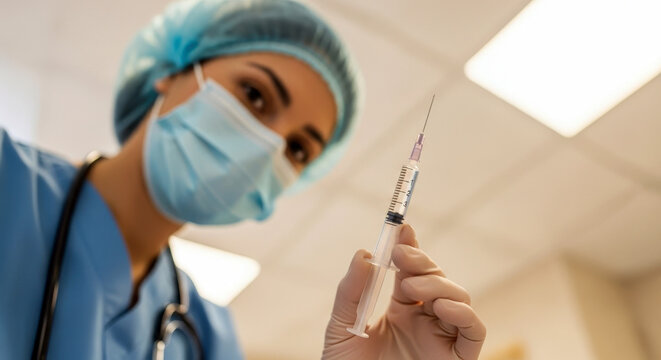 A low-angle view of a nurse in a surgical mask and cap holding a syringe, preparing for a medical injection or vaccination in a clinic. - Powered by Adobe