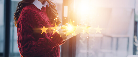 Customer Experience Concept, Best Excellent Services Rating for Satisfaction present by Hand of Client Showing excellent rating Five Star.