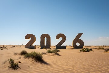 2026 sculpture in desert sand with clear sky background