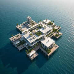 Floating building, Floating architecture, Floating house, Architecture of the future, on the water, AI Generative