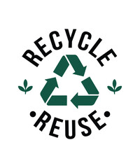 Eco friendly t shirt design featuring recycle and reuse symbols with climate action theme