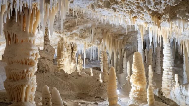 Sharp stalactites hanging down from deep mountain cave