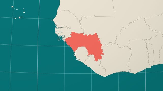 Guinea map. Animated zoom into the country on the Globe in Teal Pale Mint color palette. Country logo animation. Map with meridians, parallels. Beautiful video.