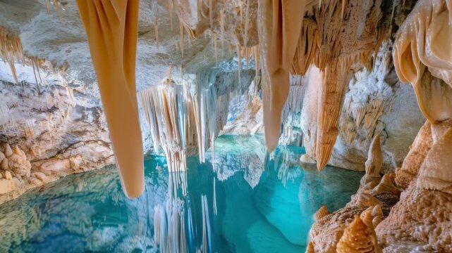 Sharp stalactites hanging down from deep mountain cave