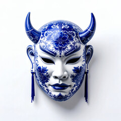 Asiatische Porzellanmaske mit Hörnern Quasten und blauer Blumenverzierung
