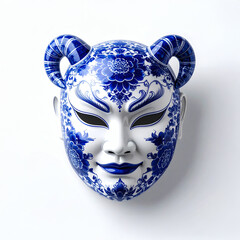 Porzellanmaske mit runden Hörnern und blauer Blumenverzierung
