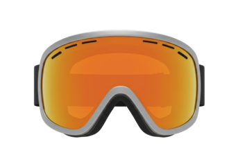 Orange ski goggles isolated on transparent background, winter sport eyewear for skiing and snowboarding in PNG format