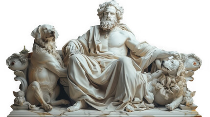 Marble sculpture of hades, god of the underworld, with cerberus and a dog, seated on a throne isolated on transparent background